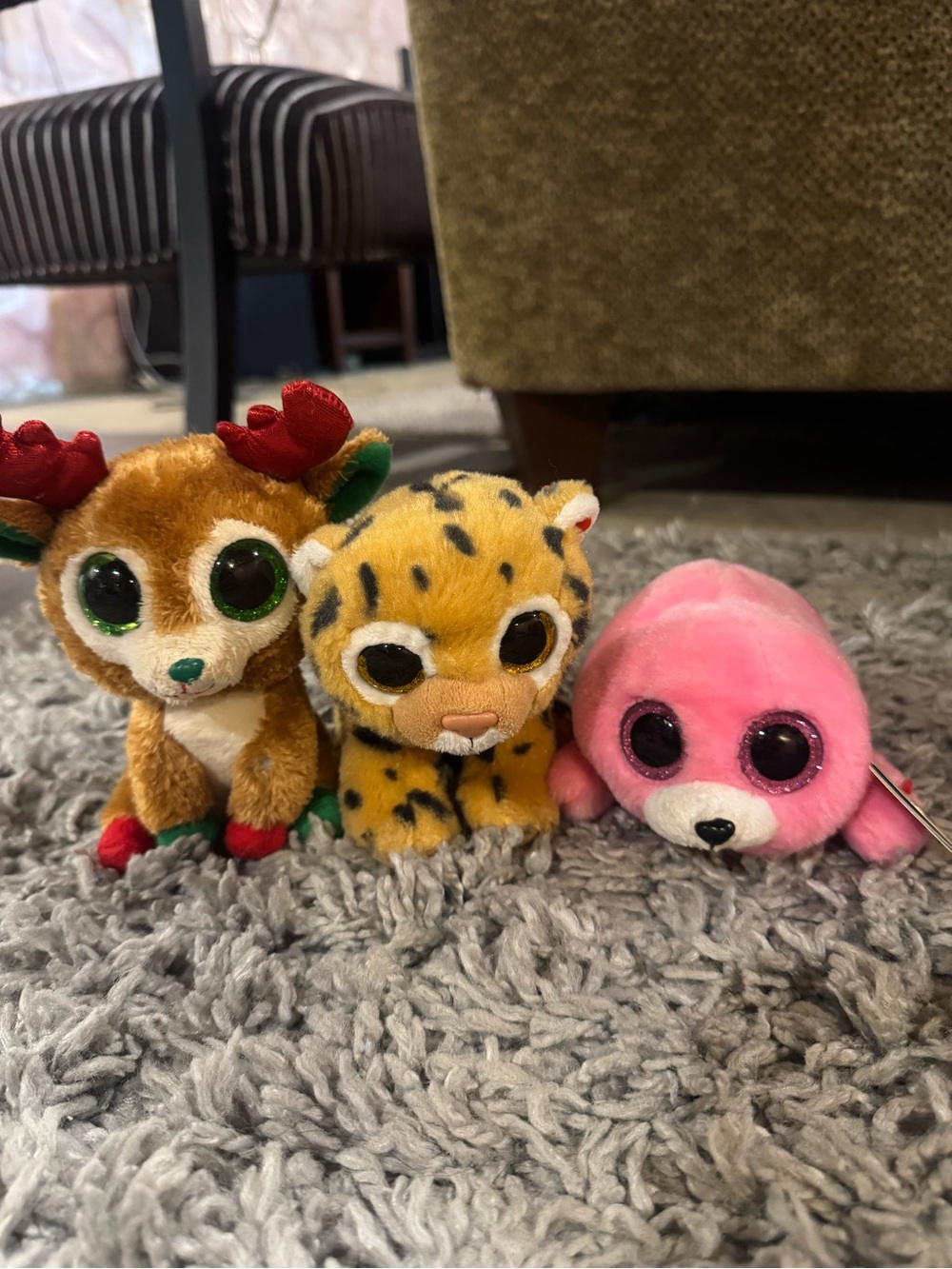 Ty Plush Set - Brown Reindeer, Yellow Leopard, Pink Seal